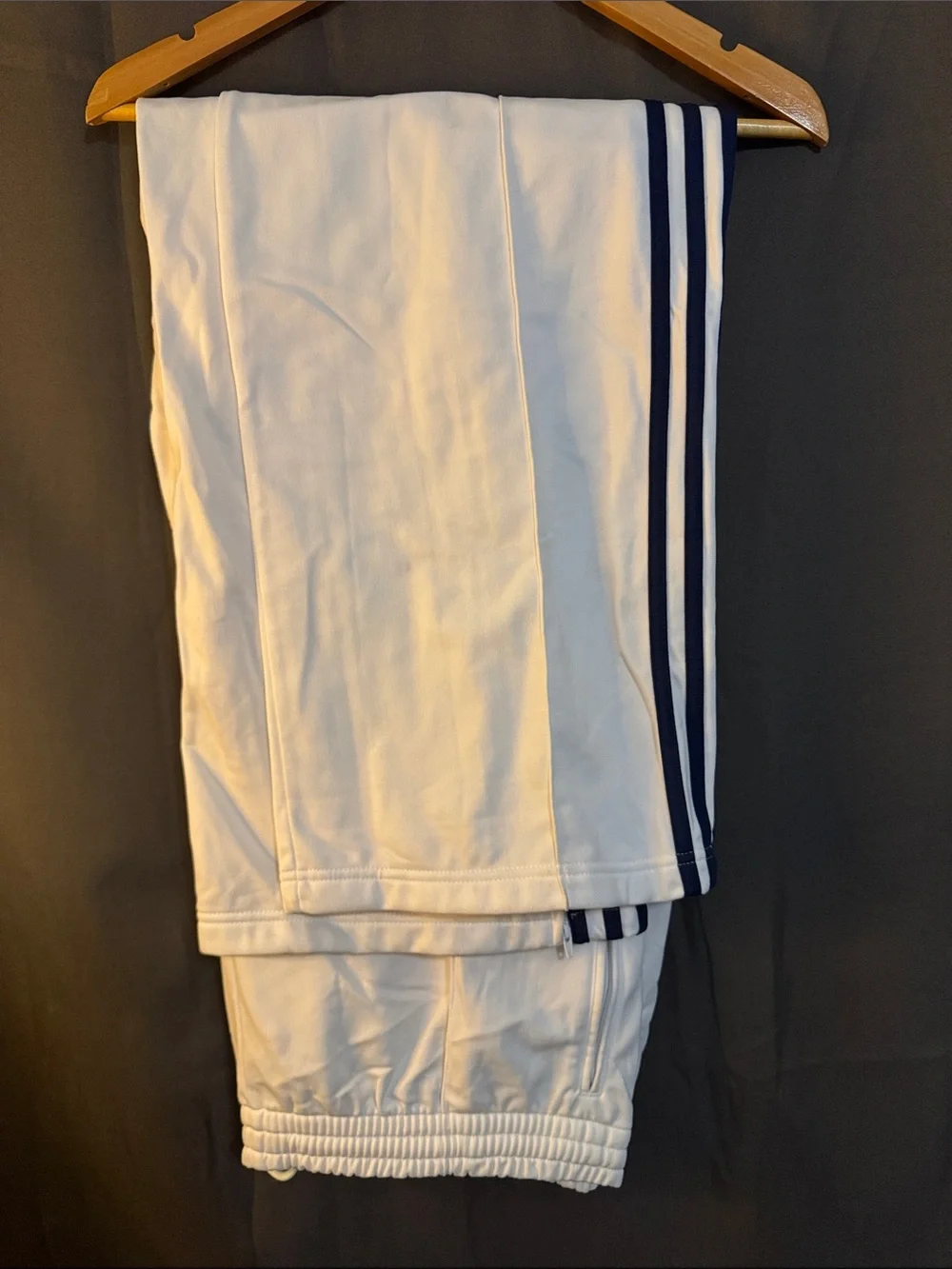 adidas White Track Pants with Navy Side Stripes
